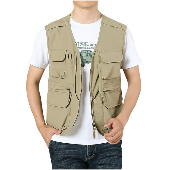 Utility Cargo Vest for Men with Multi Pockets Outdoors Work Jacket Fishing Photo Light Weight Cargo Vest (Large, Khaki)