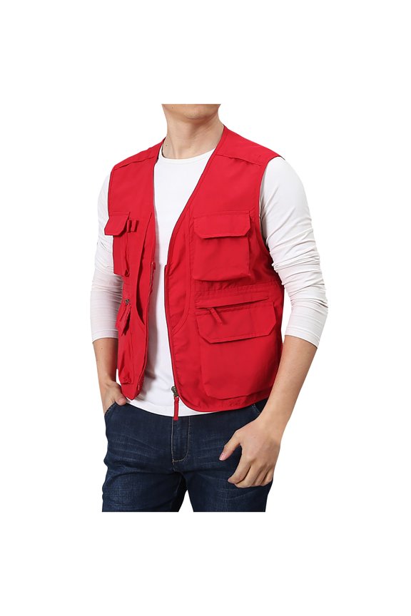 Father's Day Gifts,Utility Cargo Vest for Men with Multi Pockets Outdoors Work Jacket Fishing Photo Light Weight Cargo Vest (X-Large, Red)