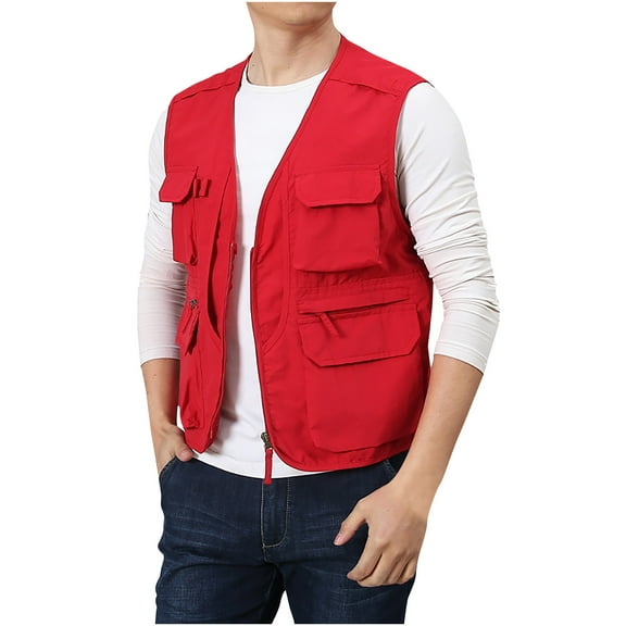 Father's Day Gifts,Utility Cargo Vest for Men with Multi Pockets Outdoors Work Jacket Fishing Photo Light Weight Cargo Vest (X-Large, Red)