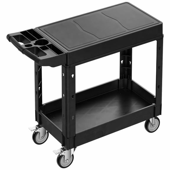 Utility Cart 200/400lbs Capacity, 31.3 x 17.7in Service Cart - Heavy Duty 2-Shelf Plastic Rolling Cart with Wheels & Brakes for Warehouse Garage Cleaning
