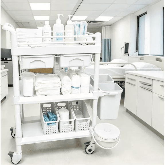 Utility Cart 3 Tier Medical Rolling Cart, Nursing Cart with 2 Drawers and 360 Wheels, Lab Cart 110 LBS for Hospital Dental Clinic Beauty SPA