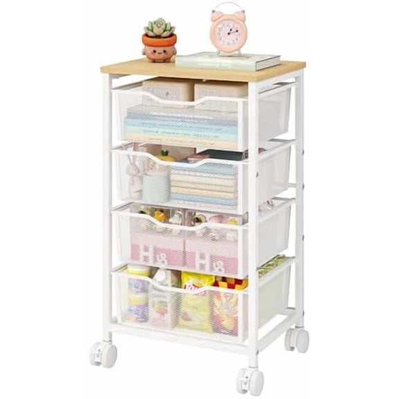 Utility Cart with 4 Drawers Rolling Storage Cart Metal Rolling Drawer Cart with Lockable Wheels and Wooden Tabletop Craft Storage Art Cart for Living Room Bedroom Classroom Office White