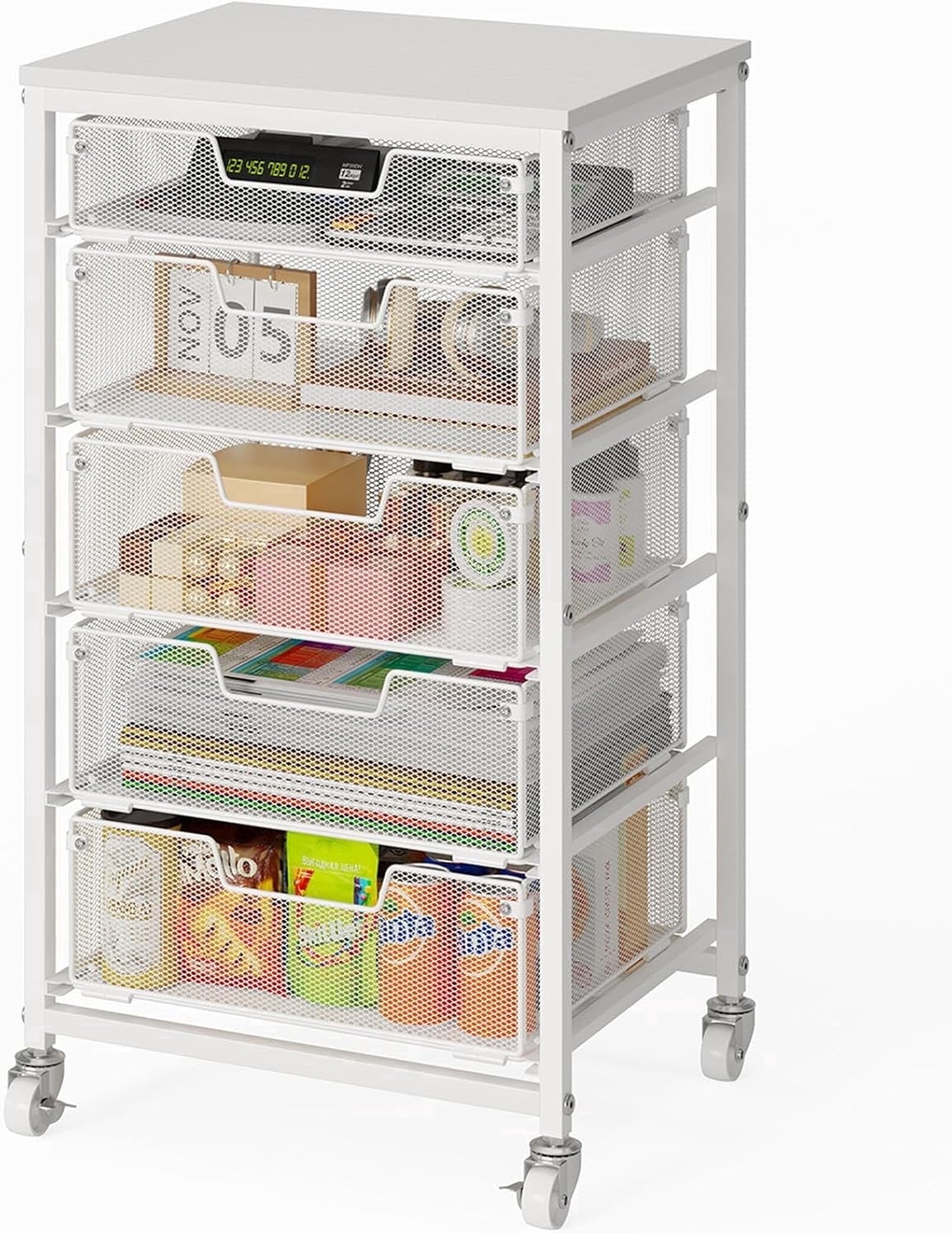 X-COSRACK 5-Drawer Rolling Storage Cart with Wooden Tabletop, Metal Mesh Utility Craft Organizer with Lockable Wheels for Office, Classroom, Bedroom & Salon, White