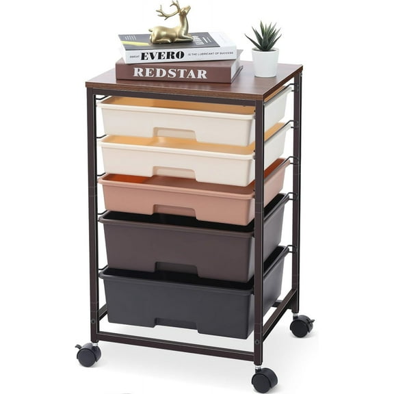 Utility Cart with 5 Drawers,Storage Drawer Cart with Wooden Tabletop and Lockable Wheels,Craft Storage Trolley Cart,5-Tier Rolling Utility Cart on Wheels