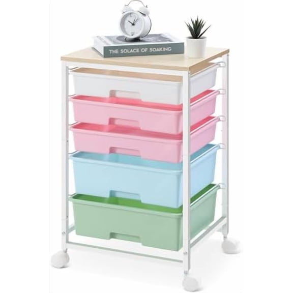 Utility Cart with 5 Drawers,Storage Drawer Cart with Wooden Tabletop and Lockable Wheels,Craft Storage Trolley Cart,5-Tier Rolling Utility Cart on Wheels,Rainbow