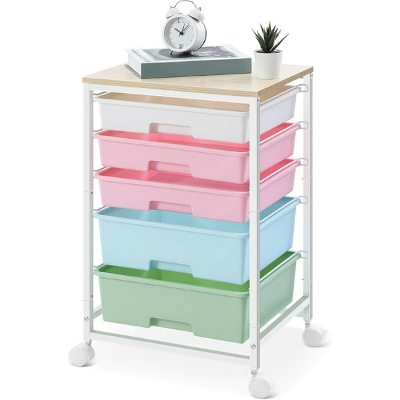 Utility Cart with 5 Drawers,Storage Drawer Cart with Wooden Tabletop and Lockable Wheels,Craft Storage Trolley Cart,5-Tier Rolling Utility Cart on Wheels,Rainbow