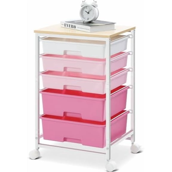 Utility Cart with 5 Drawers,Storage Drawer Cart with Wooden Tabletop and Lockable Wheels,Craft Storage Trolley Cart,5-Tier Rolling Utility Cart on Wheels,Rose Pink