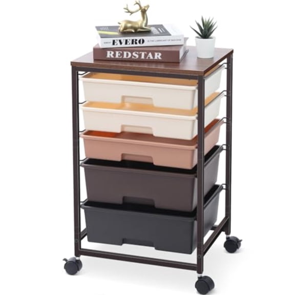 Utility Cart with 5 DrawersStorage Drawer Cart with Wooden Tabletop and Lockable Wheels Craft Storage Trolley Cart 5-Tier Rolling Utility Cart on Wheels Dark Brown