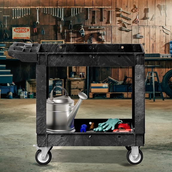 Utility Cart,550 lbs Capacity, 2 Shelf Heavy Duty Plastic Service Cart with Wheels, Rolling Storage Work Carts Suitable for Warehouse, Garage, School & Office, Cleaning Black