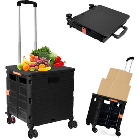 Utility Cart Folding Portable Rolling Crate Handcart Shopping Trolley Wheel Box with Lid Wear-Resistant Noiseless 360°Rotate Wheel for Travel Shopping Moving Storage Office Use (Black)