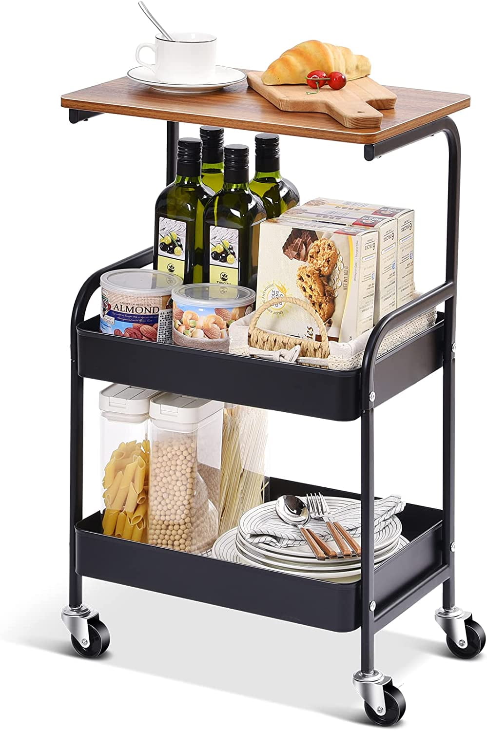 Black Metal and Wood Kitchen Cart with Storage