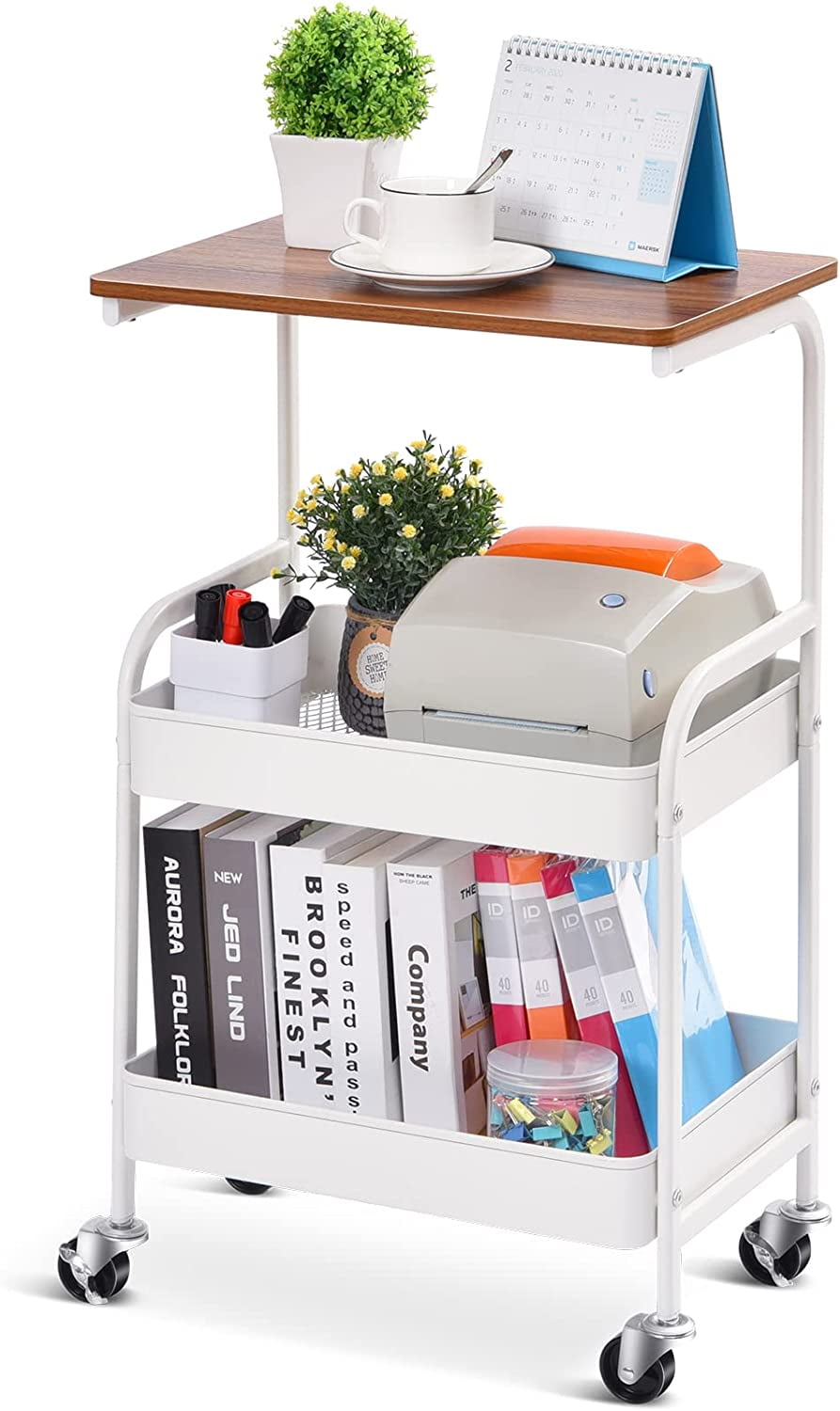 White 3-Tier Metal Utility Cart with Wooden Table Top