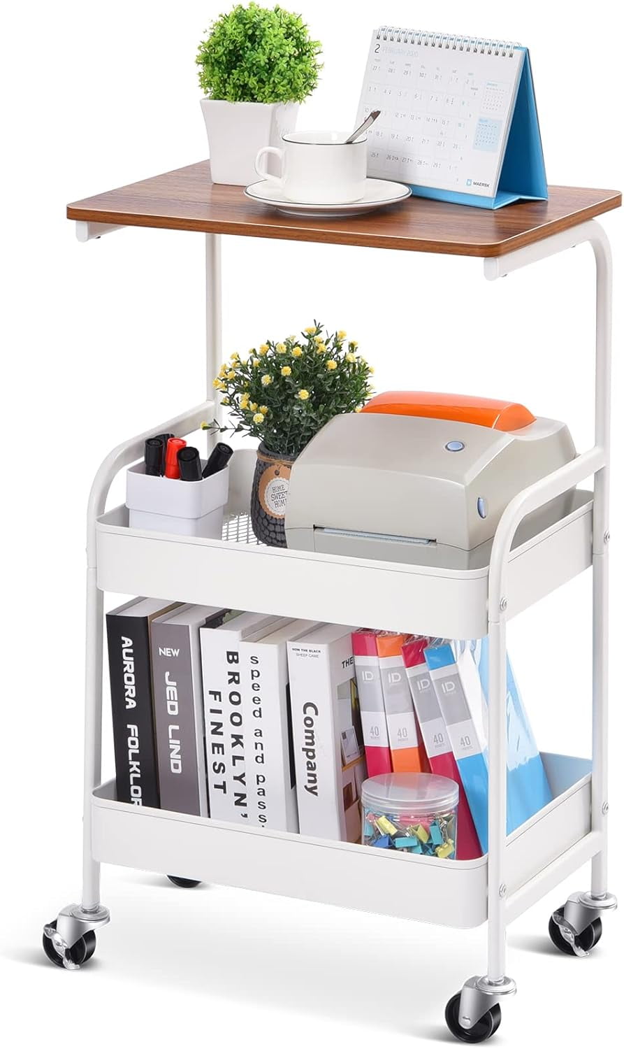 White 3-Tier Metal Utility Cart with Wooden Table Top