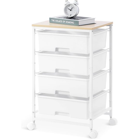 Utility Cart with 4 Drawers, Multipurpose Rolling Storage Drawers and 2 Lockable Wheels, 4-Tier Organizer for Home Office Dorm, Bright White
