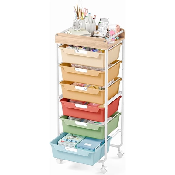 Utility Cart with 6 Drawers, Rolling Storage Cart for Crafts, Sewing, Study Supplies, Rainbow Color