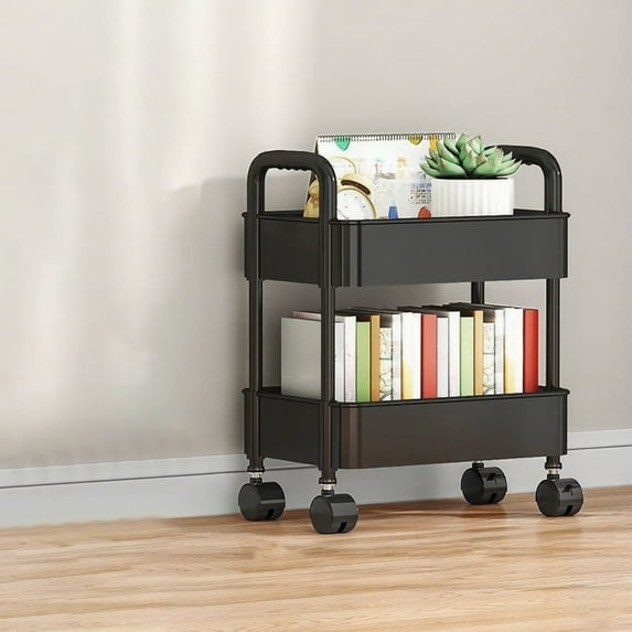 Utility Cart with Rolling & Handle, Movable Storage Organizer, Multi-Functional Storage Trolley for Office, Living Room, Kitchen, Black, 2-Tier
