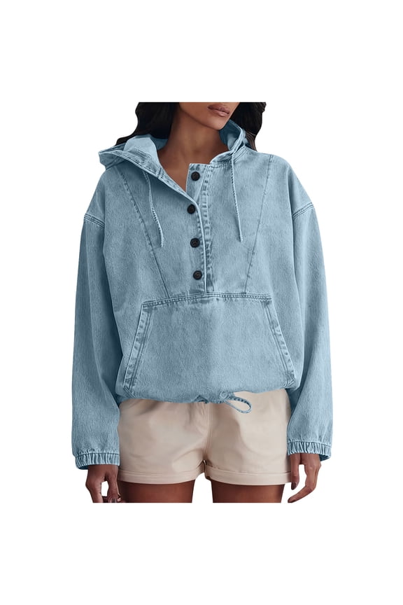 Utility Chic Denim Pullover – Women's Fashion Hooded Jacket Style Top, Button Up Front Long Sleeve Blouse in Oversized Fit for Casual Streetwear This Fall