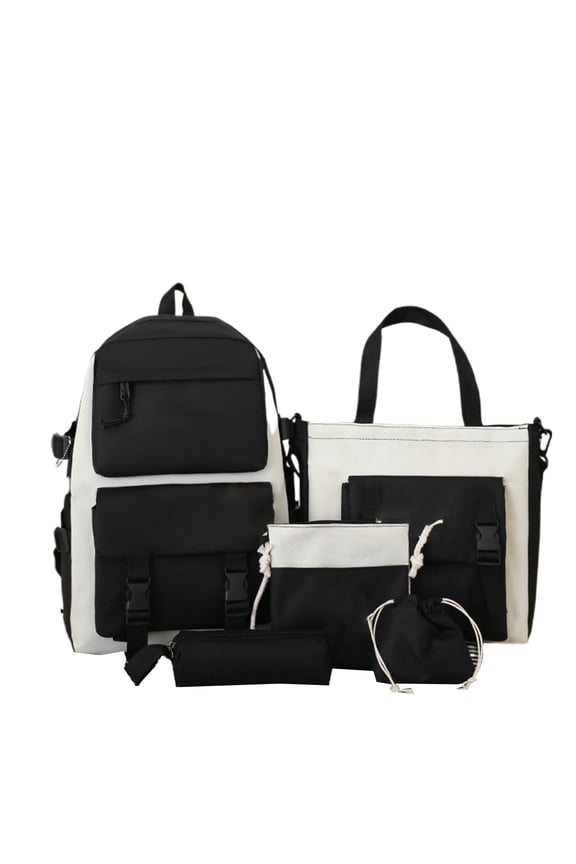 Utility Color Block 5 Piece Backpack Set Multi Compartment Adjustable Buckle Waterproof Teen Back To School Travel Bookbag Kit