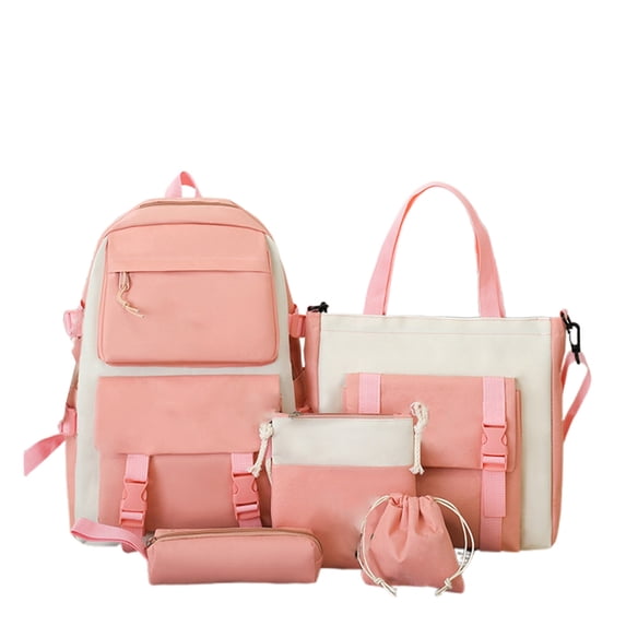 Utility Color Block 5 Piece Backpack Set Multi Compartment Adjustable Buckle Waterproof Teen Back To School Travel Bookbag Kit