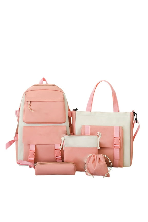 Utility Color Block 5 Piece Backpack Set Multi Compartment Adjustable Buckle Waterproof Teen Back To School Travel Bookbag Kit