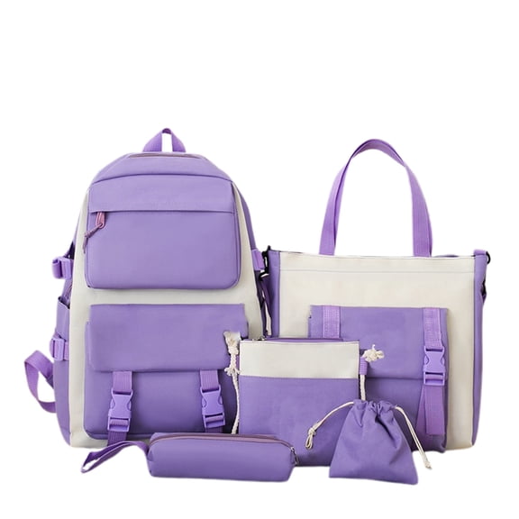 Utility Color Block 5 Piece Backpack Set Multi Compartment Adjustable Buckle Waterproof Teen Back To School Travel Bookbag Kit