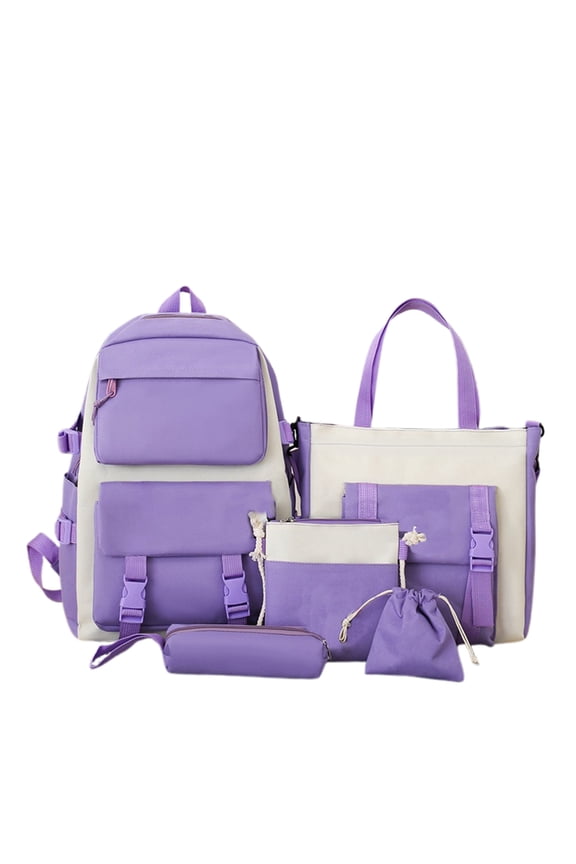 Utility Color Block 5 Piece Backpack Set Multi Compartment Adjustable Buckle Waterproof Teen Back To School Travel Bookbag Kit