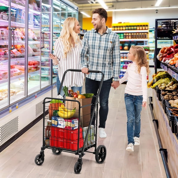 Utility Foldable Shopping Cart with Wheels, Large Portable Collapsible Rolling Grocery Cart with Reinforced Mesh Bottom for Laundry, Grocery, Luggage, Storage and Seniors, 220 lbs Capacity, Black