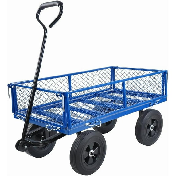 Utility Garden Cart Wagon, Heavy Duty 1200 Lbs Capacity Mesh Steel Garden Cart Folding Utility Wagon with Removable Sides, 180° Rotating Handle and 10in Tires, Perfect for Garden, Farm, Yard,Blue