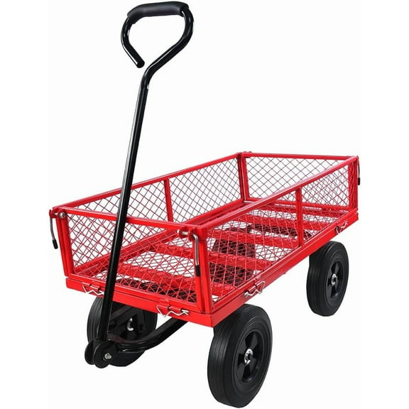 Utility Garden Cart Wagon, Heavy Duty 1200 Lbs Capacity Mesh Steel Garden Cart Folding Utility Wagon with Removable Sides, 180° Rotating Handle and 10in Tires, Perfect for Garden, Farm, Yard,Red