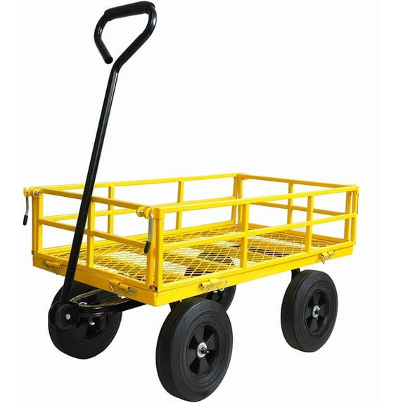Utility Garden Cart Wagon, Heavy Duty 1200 Lbs Capacity Mesh Steel Garden Cart Folding Utility Wagon with Removable Sides, 180° Rotating Handle and 10in Tires, Perfect for Garden, Farm, Yard,Yellow