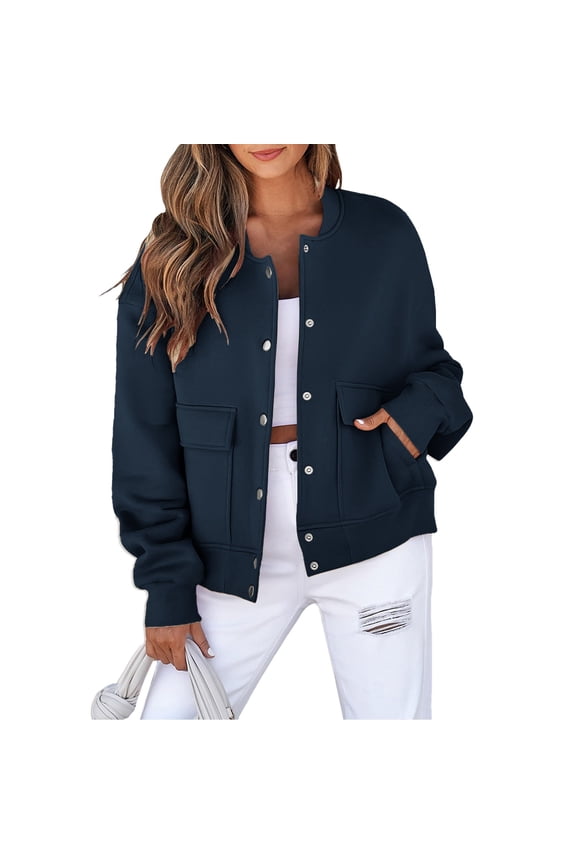 Utility Jacket Women, Yigetop Women's Fashionable Casual Zipper Pocket Round Neck Long Sleeve Sweatshirt Trench Jacket Women Navy 2XL