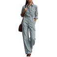 thumbnail image 1 of Utility Jumpsuit Button down Wide Leg Cargo Pockets Collared Utility Jumpsuit Long Sleeve High Waist Pleated Casual Wide Leg Overalls with Pockets, 1 of 7