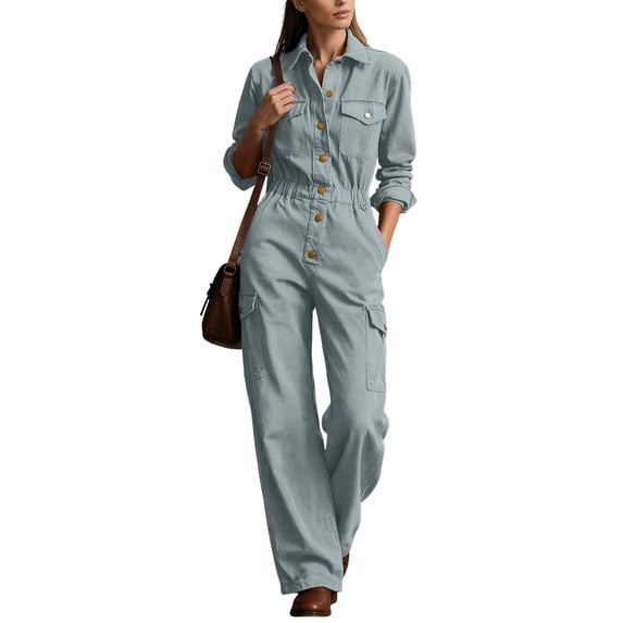 Utility Jumpsuit Button down Wide Leg Cargo Pockets Collared Utility Jumpsuit Long Sleeve High Waist Pleated Casual Wide Leg Overalls with Pockets