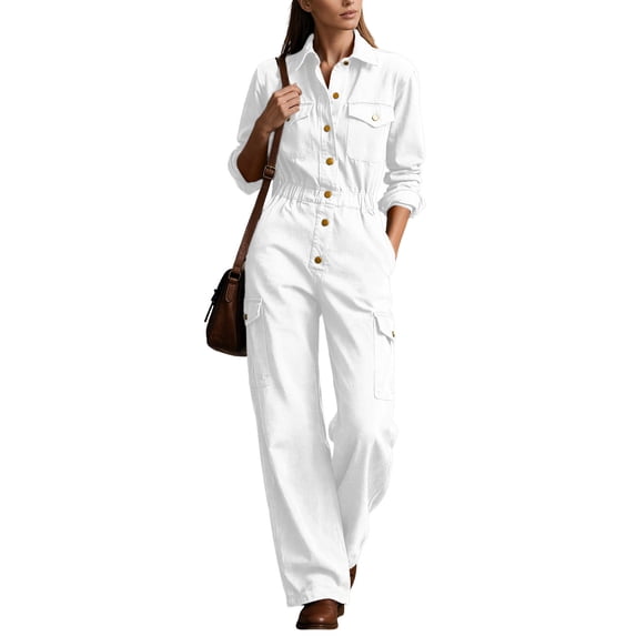 Utility Jumpsuit Button down Wide Leg Cargo Pockets Collared Utility Jumpsuit Long Sleeve High Waist Pleated Casual Wide Leg Overalls with Pockets