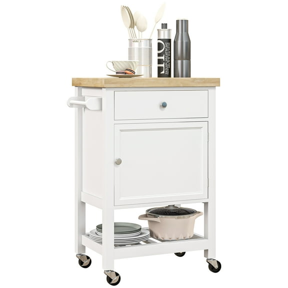 Utility Kitchen Cart With Cabinet, Drawer And Shelf, White - Rubberwood Construction & Comprehensive Storage Drawer, Functional Cabinet For Utensils