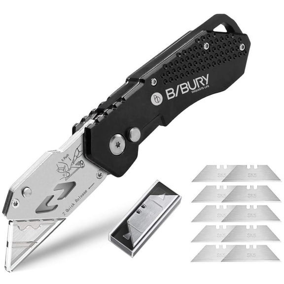 Utility Knife, BIBURY Upgraded Version Heavy Duty Box Cutter, Pocket Carpet knife with 10 Replaceable SK5 Stainless Steel Blades, Belt Clip, Easy Release Button, Quick Change and Safety Lock-Black