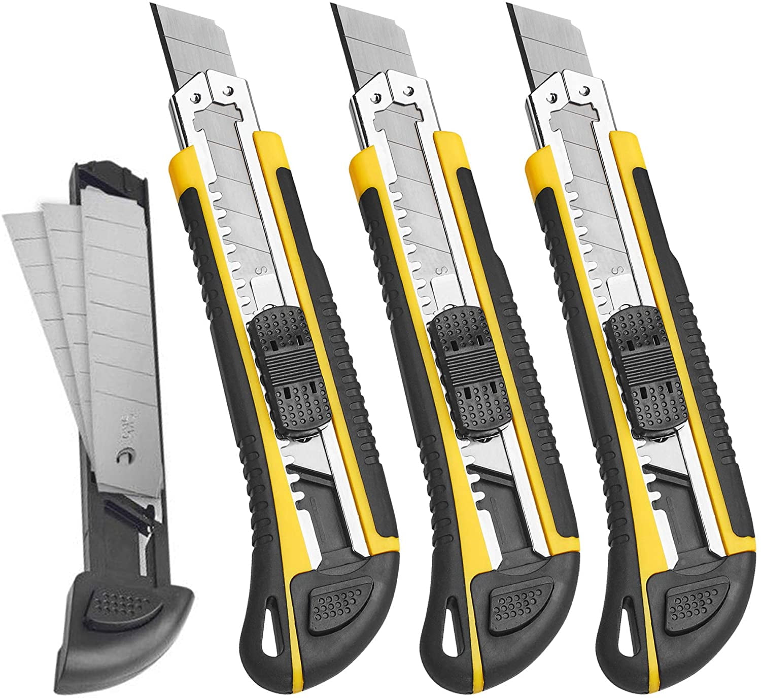 Utility Knife Box Cutter Retractable Self Loading Heavy Duty Snap Off Quick Change Extra Blades(3PCS) TPR+PP Handle Cutting Cardboard Boxes or DIY 3Pack