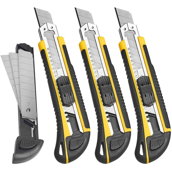 Utility Knife Box Cutter Retractable Self Loading Heavy Duty Snap Off Quick Change Extra Blades(3PCS) TPR+PP Handle Cutting Cardboard Boxes or DIY 3Pack