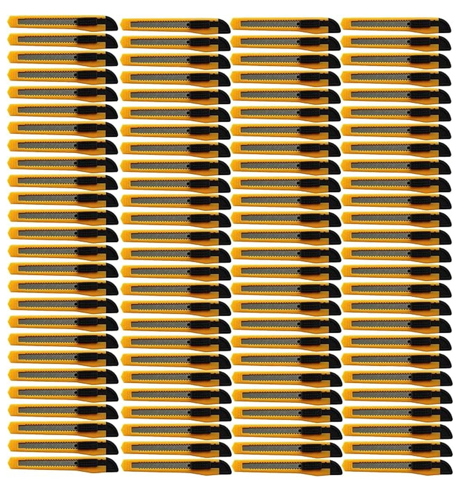 Utility Knife Box Cutters 100 Pack - 9MM Snap Off Blade - 5.25 Inch Yellow Retractable Safety Knife - Heavy Duty Cardboard Opening Knife for Warehouse & Office