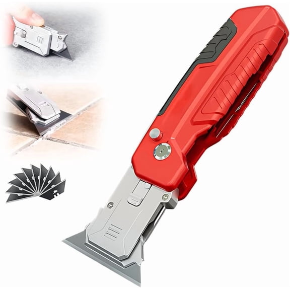 Utility Knife Scraper, 2026 New 2-in-1 Folding Box Cutter with Blade Storage, Retractable Design, Heavy Duty Sharp Razor Knife for Home or Warehouse Cardboard, with 3PC Extra Blades