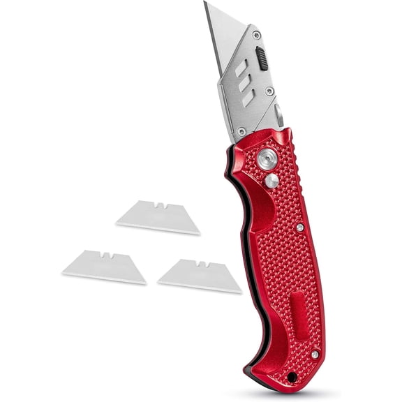 Utility Knife Set - Retractable Box Cutter with Heavy Duty Razor Blade - Professional Cutting Tool for Cardboard, Package, Warehouse, Office, Construction - 3 Extra Blades Refill - Red