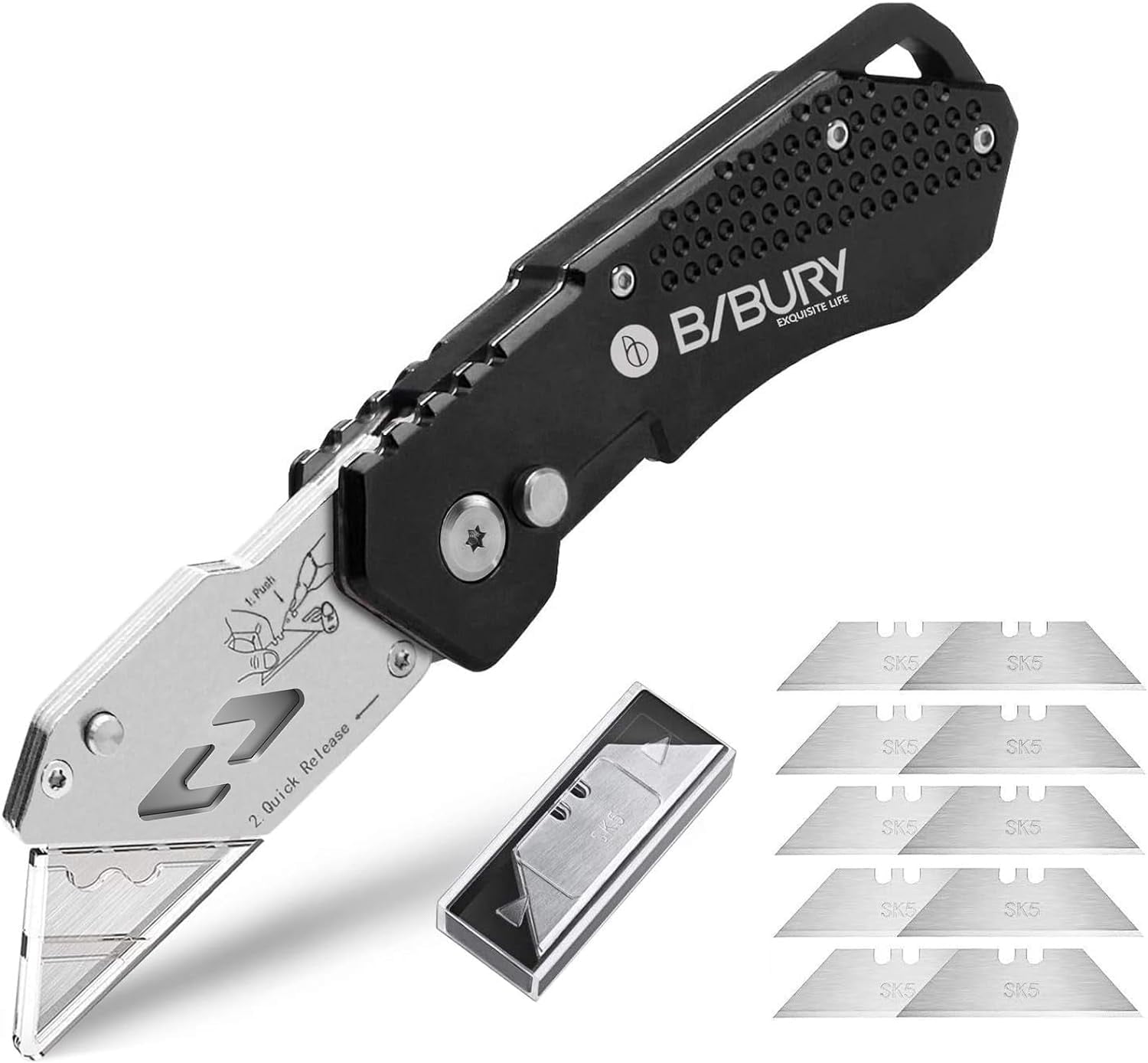 Utility Knife, Upgraded Version Heavy Duty Box Cutter, Pocket Carpet knife with 10 Replaceable 5 Stainless Steel Blades, Belt Clip, Easy Release Button, Quick Change and Safety Lock-Black