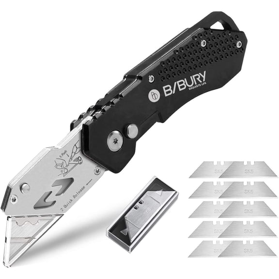 Utility Knife, Upgraded Version Heavy Duty Box Cutter, Pocket Carpet knife with 10 Replaceable 5 Stainless Steel Blades, Belt Clip, Easy Release Button, Quick Change and Safety Lock-Black