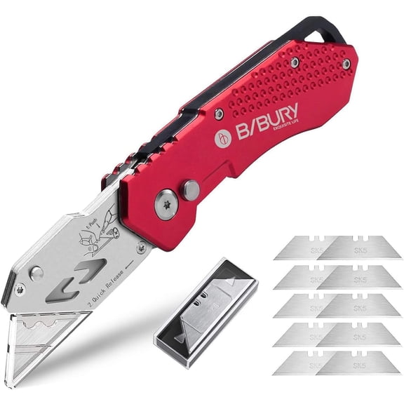 Utility Knife, Upgraded Version Heavy Duty Box Cutter, Pocket Carpet knife with 10 Replaceable SK5 Stainless Steel Blades, Belt Clip, Easy Release Button, Quick Change and Safety Lock-Red