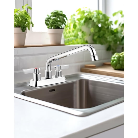 Utility Laundry Sink Faucet 4 Inch Centerest Deck Mount, 2 Lever Handles, Brass Construction, Polished Chrome, with 10" Swivel Spout