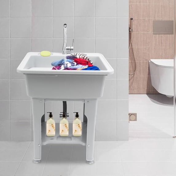 Utility Laundry Sink with Faucet & Storage Shelf, Gray, Slop Sink Wash Station for Garage, Shop