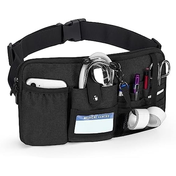 Utility Nurse Fanny Pack with 12 Essential Tool Pockets, Tape Holder, Adjustable Waist Belt, Medical Organizer Pouch for Nurse, Doctor Black