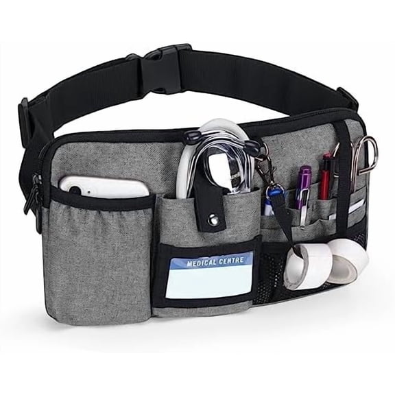 Utility Nurse Fanny Pack with 12 Essential Tool Pockets, Tape Holder, Adjustable Waist Belt, Medical Organizer Pouch for Nurse, Doctor Grey