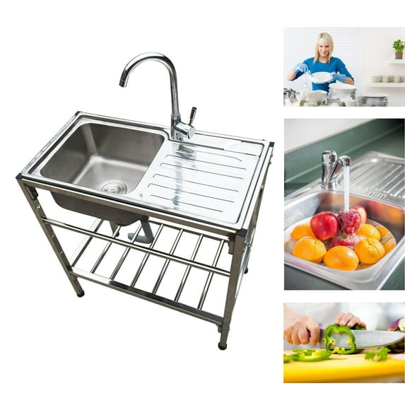 Utility Kitchen Sink Laundry With Cabinet Portable Garage Freestanding Single Bowl Sink with Hot&Cold Water Faucet and Accessories