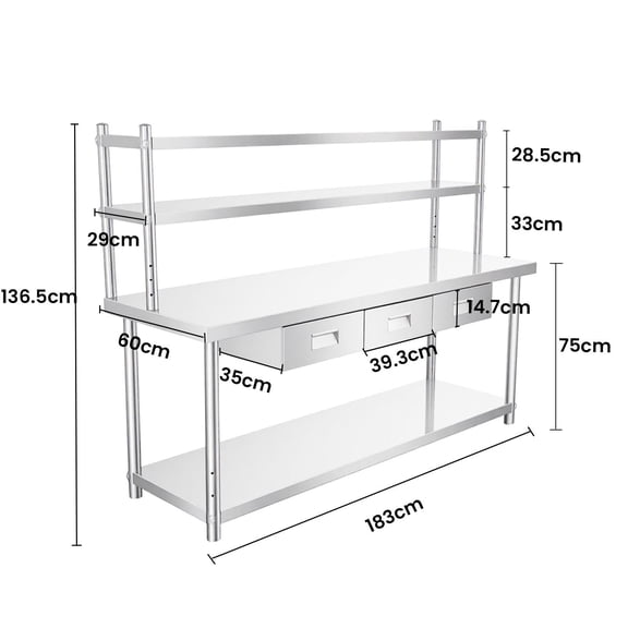 Utility Prep Station, Heavy Duty Bench, Commercial Work Tables, 3-Drawer Stainless Steel Work Table with Rust-Resistant Surface & Waterproof Top, 72" X 24" Worktable, NSF-Certified for Kitchen